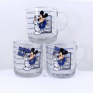 3 Vintage Disney Mickey Mouse“Break Time”Mug Anchor Hocking USA Glass Coffee Cup
